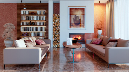 Naklejka premium Large luxury modern bright interiors Living room mockup illustration 3D rendering image