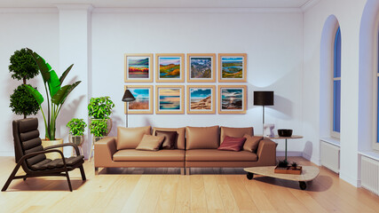 Naklejka premium Large luxury modern bright interiors Living room mockup illustration 3D rendering image