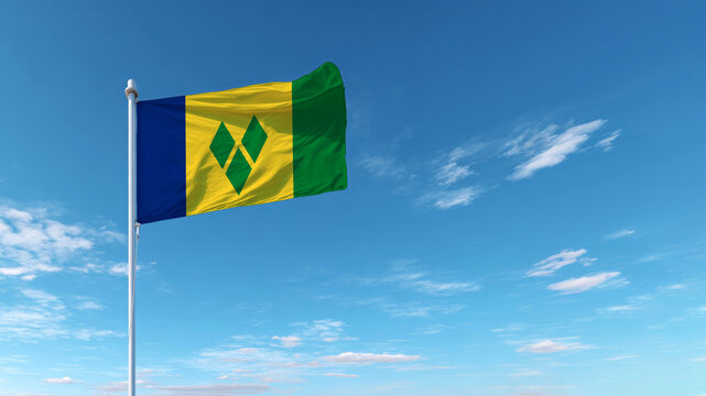 Sovereign flag of Saint Vincent and the Grenadines waving against a clear sky