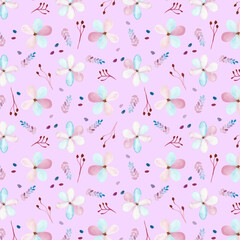 Watercolor abstract floral seamless pattern. Cute pink dolly childish background.