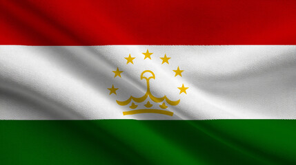 Sovereign flag of Tajikistan waving in the wind against a clear blue sky