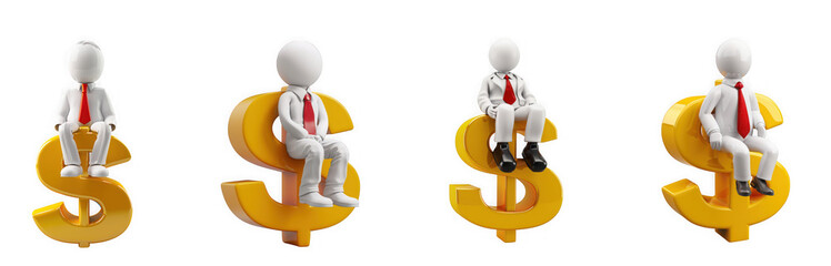 Four 3d figures sitting on golden dollar signs, representing finance, isolated on transparent background
