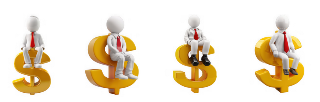 Four 3d figures sitting on golden dollar signs, representing finance, isolated on transparent background - Powered by Adobe