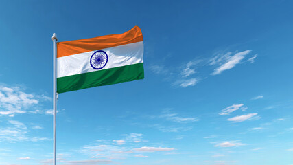 Waving Indian flag under clear blue sky on Independence Day and Flag Day celebrations