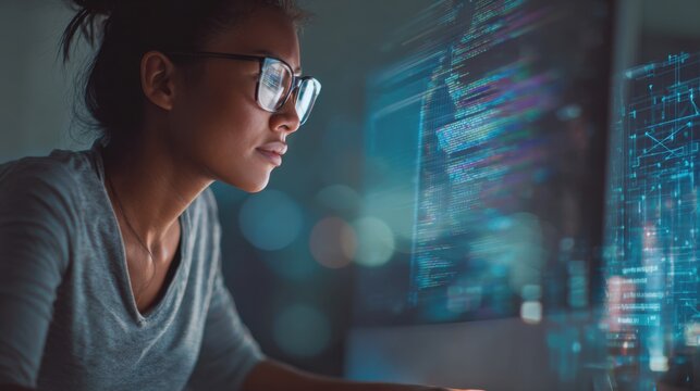 A programmer works intently at her desk in a dimly lit room. Multiple screens showcase lines of code and data visuals. The atmosphere is one of concentration and technological engagement.