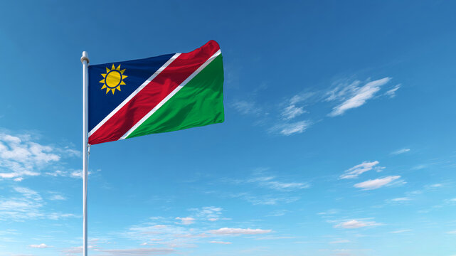 Celebration of Independence Day with the Namibian flag waving in a clear blue sky