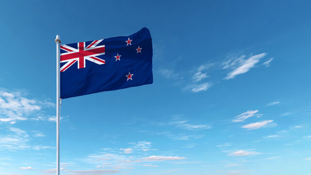 New Zealand flag waving proudly under a clear blue sky celebrating independence and sovereignty - Powered by Adobe