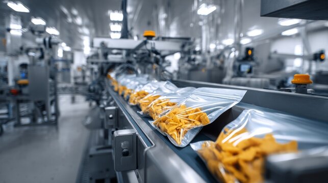 Factory setting with automated machinery packaging snacks in clear bags on a conveyor belt