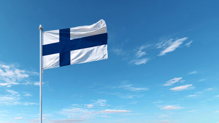 Celebrating Independence Day with the Finnish flag waving against a clear blue sky