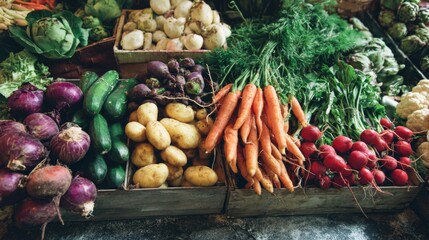 Fresh produce displayed in wooden crates at a local market in autumn