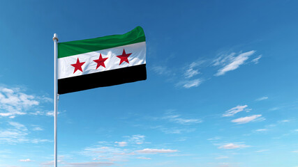 Celebrating sovereignty and independence with the Syrian flag against a clear blue sky