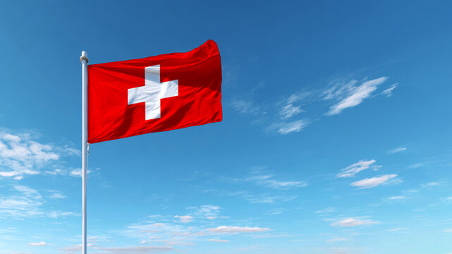 Celebrating independence day and sovereignty with the swiss flag in the clear blue sky - Powered by Adobe