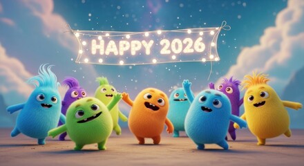 Vibrant colorful cartoon monsters celebrating New Year under a bright banner and glowing sky.