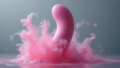 Pink vibrator in water with splash. Vibrator splashes liquid. Sex toy in liquid. Sexual pleasure device in pink color. Vibrator for woman with water splash.