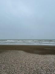Stark and moody beach landscape with shell-covered sand and misty waves under an overcast sky