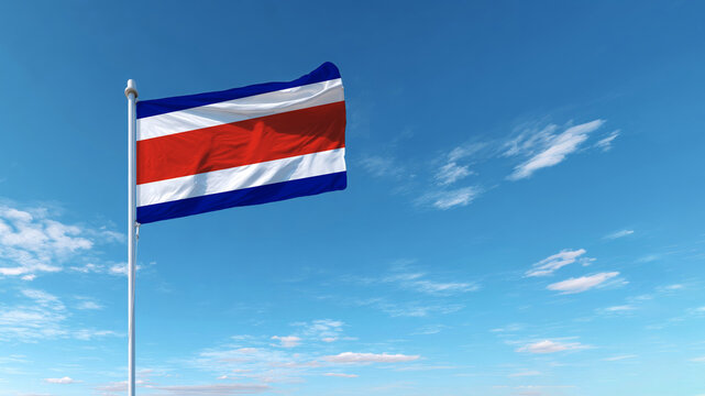 Costa Rican flag waving proudly against a bright blue sky on the nation's independence day celebration - Powered by Adobe