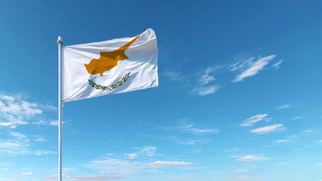 Waving flag of Cyprus against a clear blue sky symbolizes independence and national pride