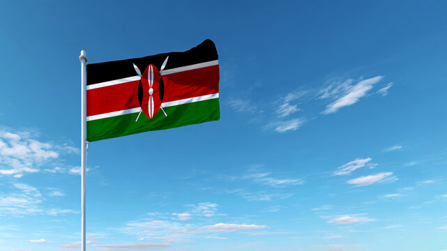 Flying Kenyan flag represents independence and sovereignty against a clear blue sky