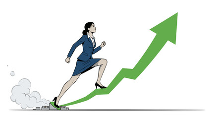 Businesswoman launching from starting block with growth arrow, career progression and corporate success concept