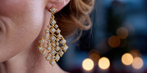 jewelry photography, a beautiful mid-shot of golden diamond chandelier earrings with intricate details and worn by a fair-skinned woman with an updo