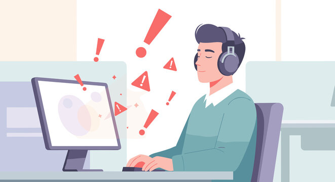 Office worker wearing noise-canceling headphones at desk, stress management and workplace focus in modern office