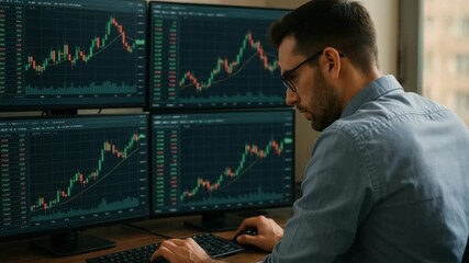 A side-angle shot of a man analyzing stock charts on multiple monitors, capturing a focused trading environment, suitable for financial video content. - Powered by Adobe