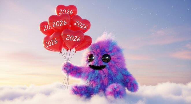 Whimsical purple fluffy creature floating with heart balloons in sunset sky.