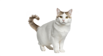 Turkish Van cat with white fur and tabby tail standing isolated on transparent PNG background