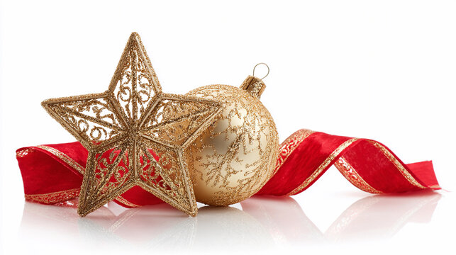 Beautiful golden Christmas decorations with red ribbon accents - Powered by Adobe