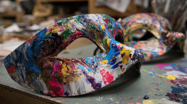 Vibrant, uniquely designed masks with splashes of paint rest on a workshop table, showcasing the artistic process and dedication to craftsmanship in a creative space.