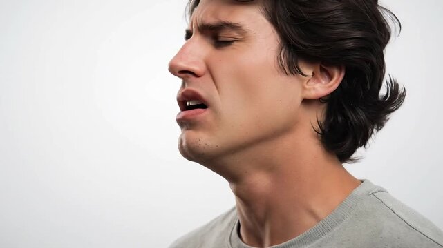 Young Man Grimacing in Discomfort or Disgust, Eyes Closed, Reacting to Strong Unpleasant Sensation Against White Background