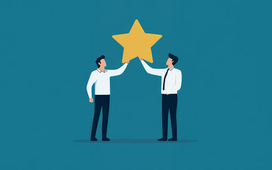 Two businessmen in suits hold a large star, symbolizing achievement and teamwork with copy space
