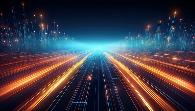 abstract high angle minimalist horizon with glowing fiber optic lines bokeh lights and futuristic digital atmosphere - Powered by Adobe