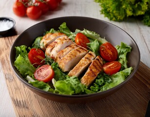 fresh salad with grilled chicken pieces on lettuce leaves garnished with cherry tomato halves and herbs in a dark bowl on a light wooden surface