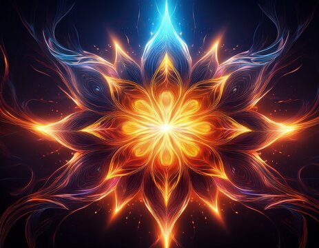 abstract fiery glowing star shaped pattern with radiating light and electric like tendrils on a dark background evoking intense energy and heat - Powered by Adobe