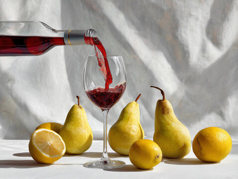 Jasnoczerwone wino jest nalewane z przeźroczystej butelki do kieliszka, obok leżą ż&oacute;łte, dojrzałe gruszki i cytryny, na jasnym, marszczonym tle.