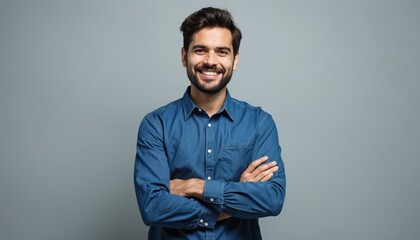 Young man with beard in blue shirt stands with arms crossed smiling confidently against gray backdrop. He looks friendly and pro, conveying success and approachability for business use.