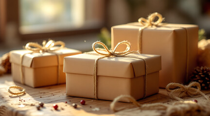 Warm holiday still life with three craft-wrapped gift boxes tied with twine on a wooden table. Soft golden sunlight creates a cozy festive mood, perfect for seasonal, celebration and rustic lifestyle 
