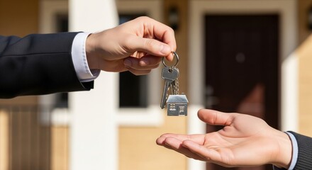 Real Estate Agent Handing Keys to New Owner. real estate agent hand handing set of house keys to a new owner hand. house keychain is attached. Represents buying home, real estate, ownership, success