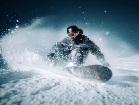 Snowboardzista w ciemnym stroju zjeżdża dynamicznie na stoku, unosząc tumany śniegu i lodu wok&oacute;ł siebie, w zimowej, mroźnej scenerii.