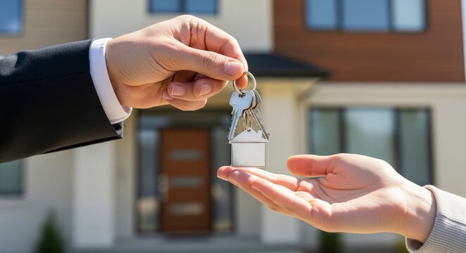 Real Estate Agent Handing Keys to New Owner. real estate agent hand  handing set of house keys to a new owner hand. house keychain is attached. Represents buying home, real estate, ownership, success - Powered by Adobe