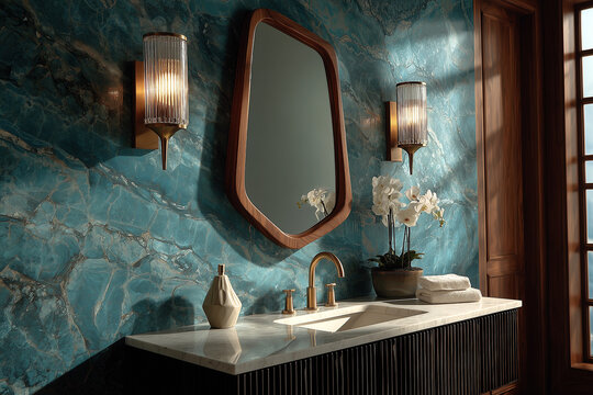 Luksusowa łazienka z blatem z czarnego marmuru i umywalką nablatową. Ściana pokryta turkusowymi, glinianymi, fakturowanymi płytkami. Owalne lustro i kinkiety.