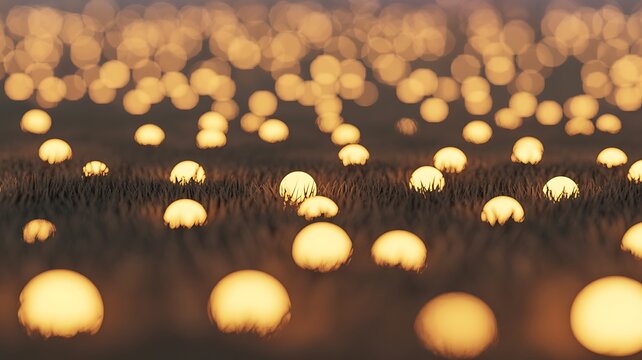 Field of glowing orbs at dusk with bokeh effect grass