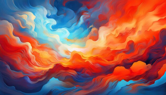 vibrant swirling clouds of fiery reds oranges and blues create dreamy abstract sky landscape with soft flowing textures