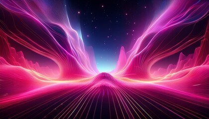 vibrant abstract cosmic landscape with glowing pink digital waves futuristic terrain and dynamic energy evoking sense of wonder