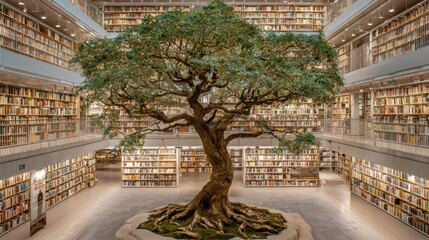 A striking indoor library showcases a large tree at its center, surrounded by towering bookshelves brimming with various titles, creating a serene reading environment.