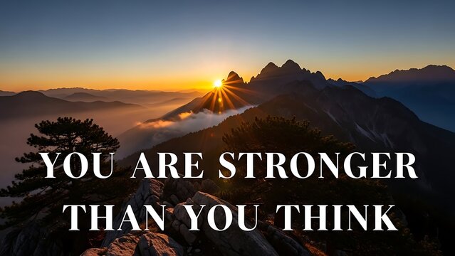 Sunrise over mountain peaks with inspirational text overlay on the landscape image view scene