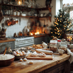 Przytulna, świąteczna kuchnia. Na drewnianym blacie leżą produkty i wypieki, mąka i wałek, w tle świeci choinka i ciepłe lampki, gotowe do pieczenia.