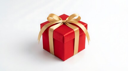 Obraz premium Single Red Gift Box with Gold Ribbon on White Background