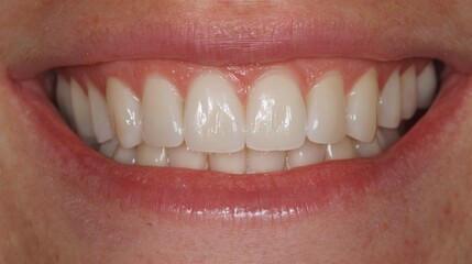 Obraz premium A close-up view of a bright smile reveals well-maintained teeth and healthy gums. The person displays dental hygiene, highlighting their commitment to maintaining oral health.